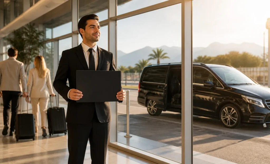 Professional chauffeur welcoming passengers for an Antalya airport transfer