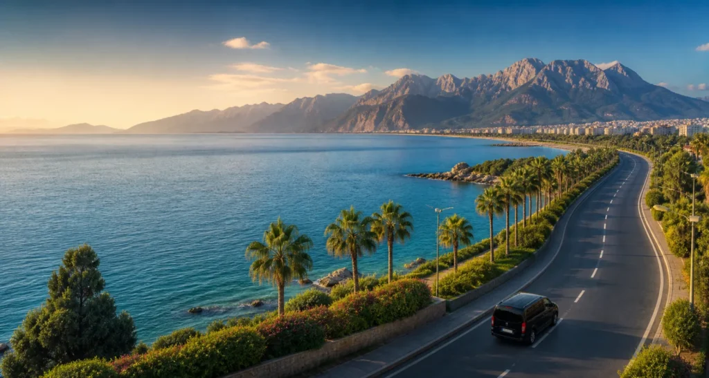 Mediterranean coastline and Taurus Mountains along an Antalya transfer route